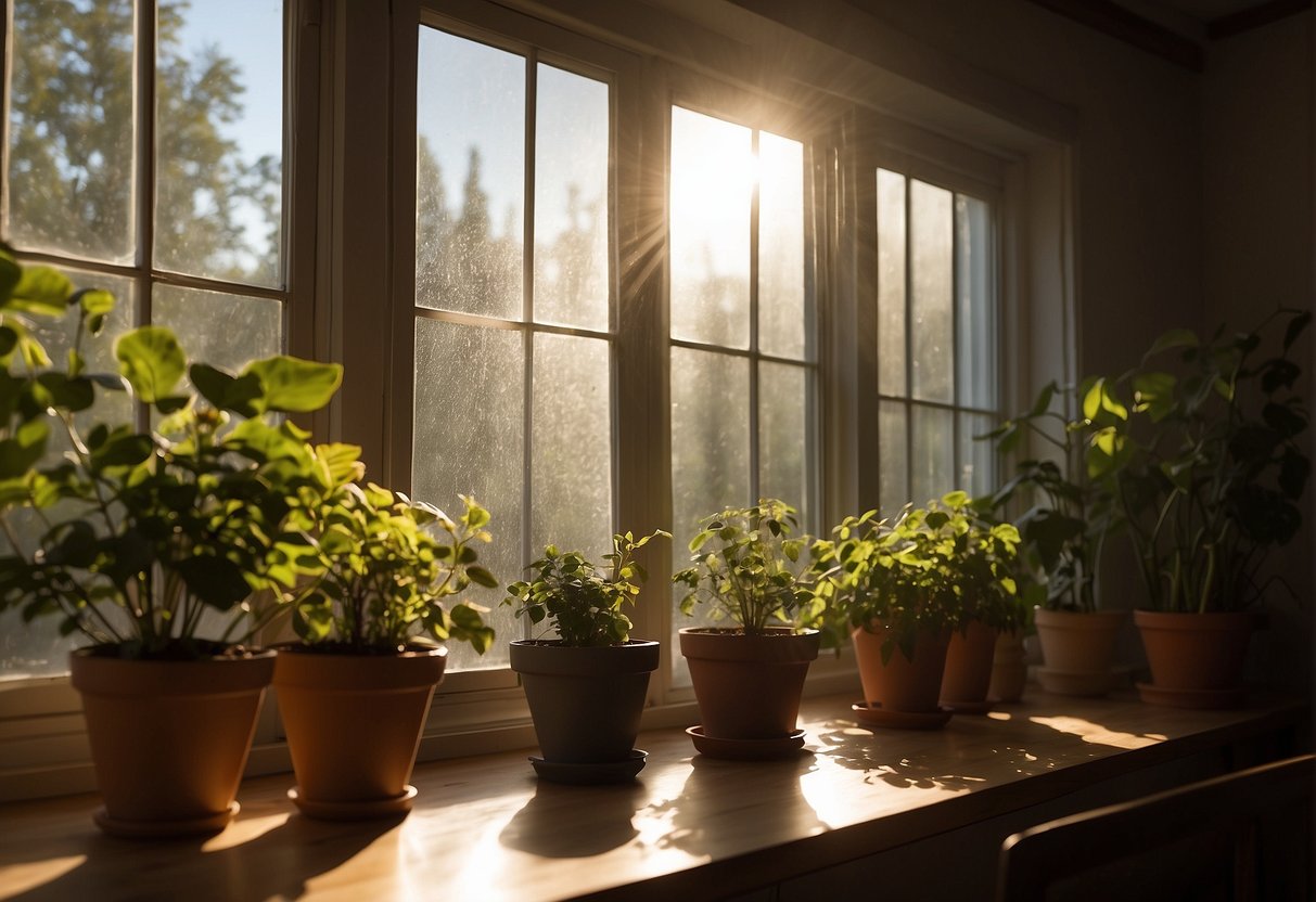 Sunlight streams through clean replacement windows, illuminating a dust-free room. Fresh air circulates, removing indoor pollutants