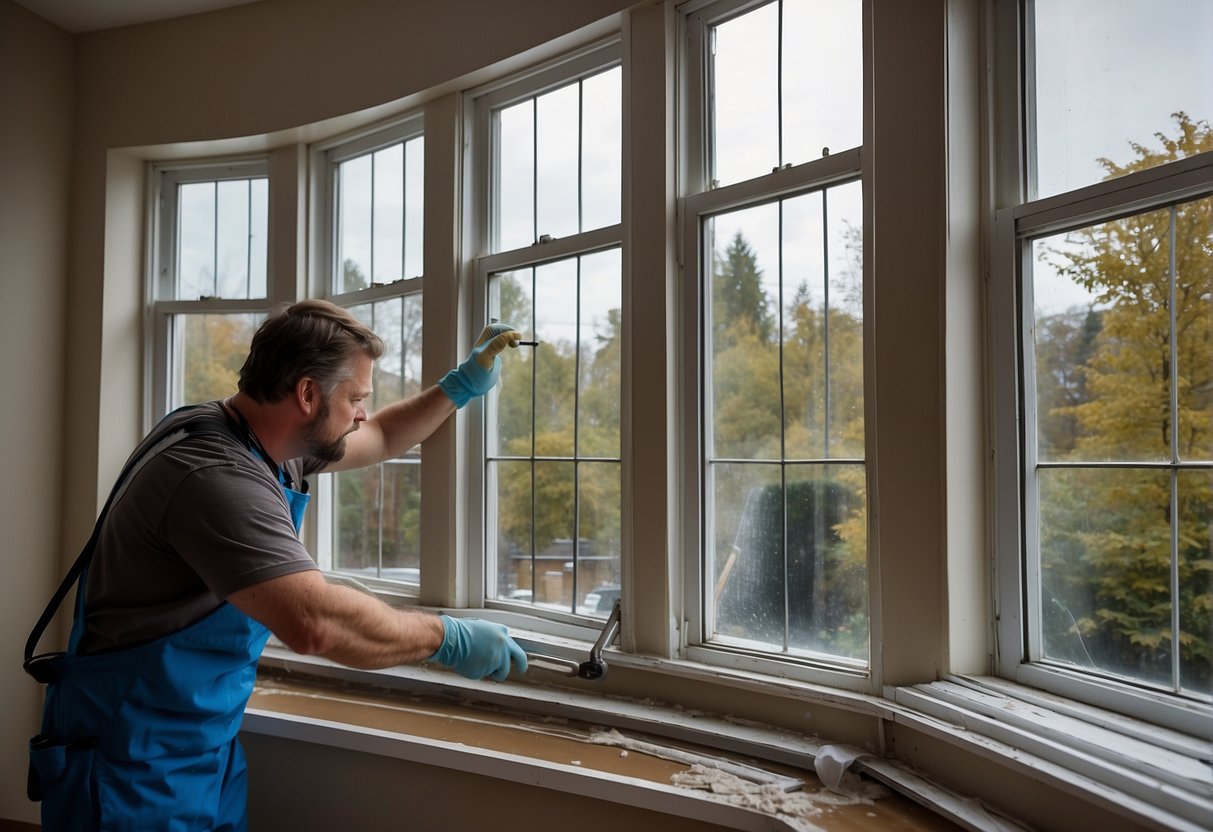 Replacement windows are being installed in a room. The old windows are being removed, and the new windows are being fitted in place. Dust and debris are being cleaned up as the new windows are being sealed