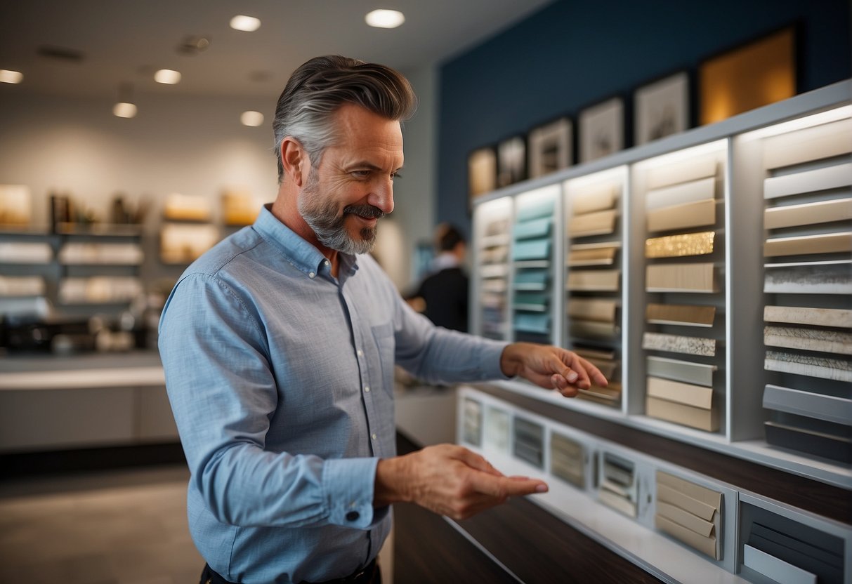 A customer points to a variety of window samples, discussing color and design options with a sales representative