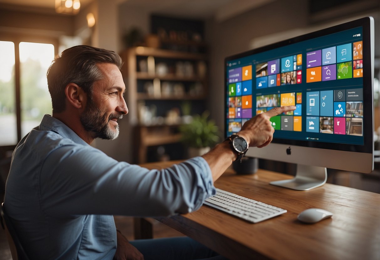 A homeowner pointing to a variety of window color and design options on a computer screen