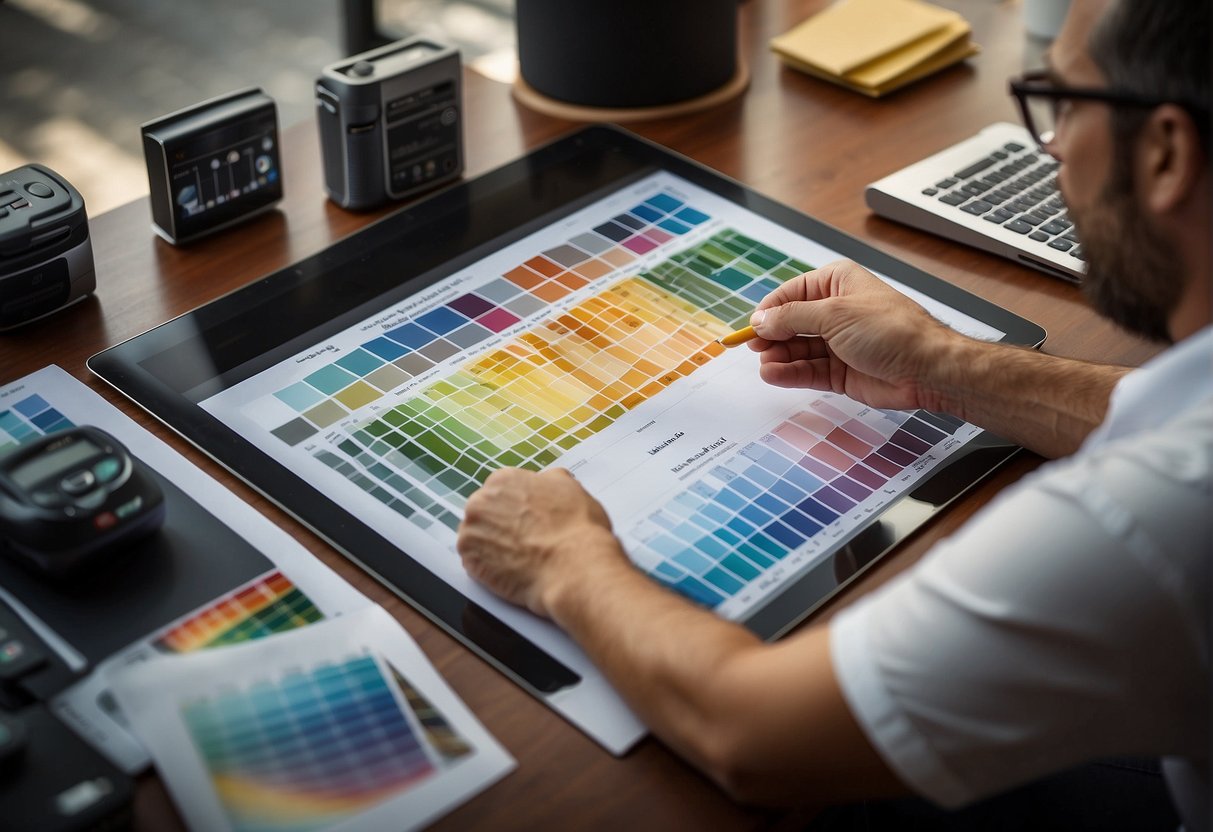 A customer pointing to a color chart while discussing window customization with a sales representative