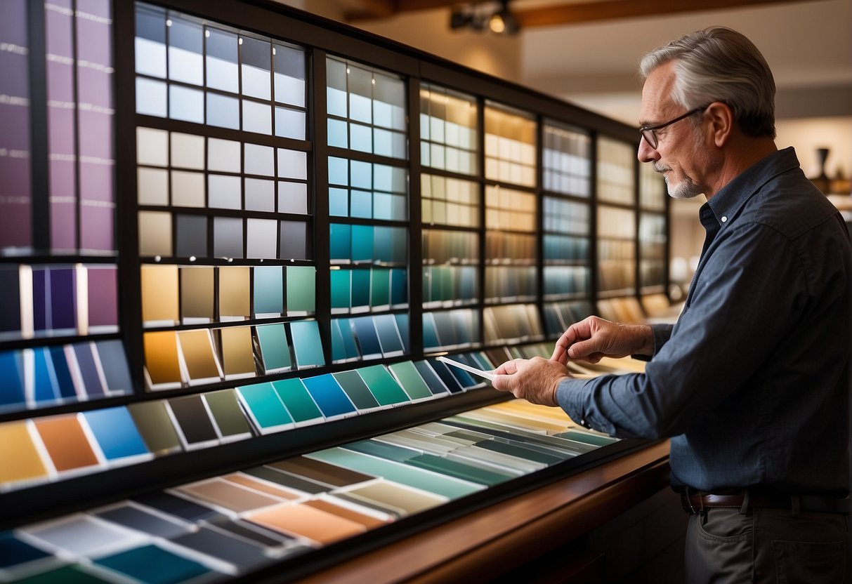 A customer selecting from a variety of color swatches and design options for replacement windows