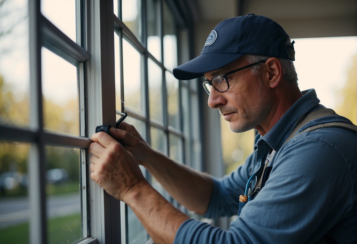 A professional window installer measuring and inspecting a window frame for replacement