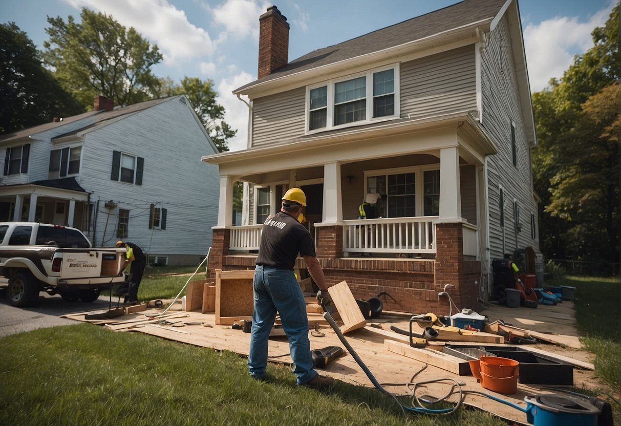 A house with a window being replaced by a worker in Maryland. Tools and materials scattered around. Average cost displayed nearby