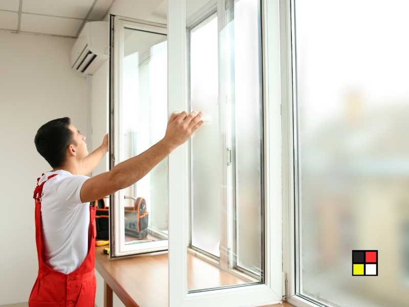 Energy-efficient windows being installed in a home, with a government incentive sign nearby